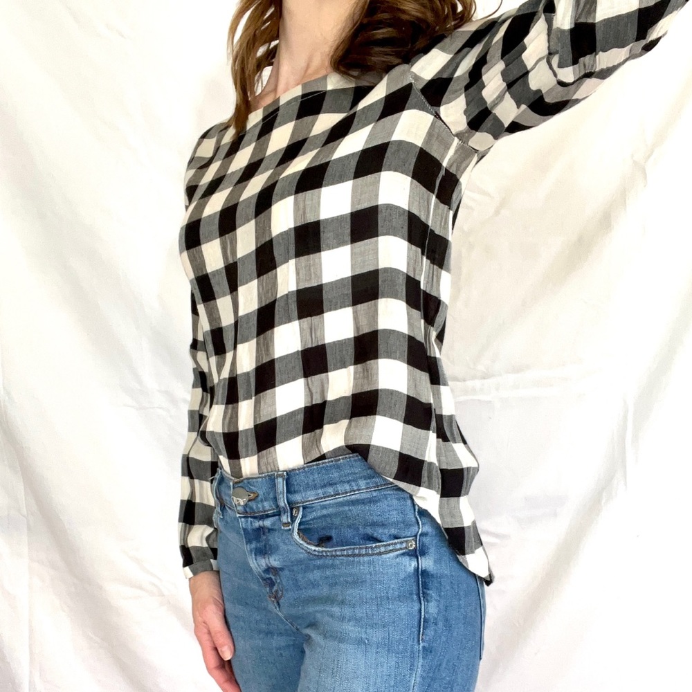 Buffalo check black and cream top with button detail on back and gathered sleeve